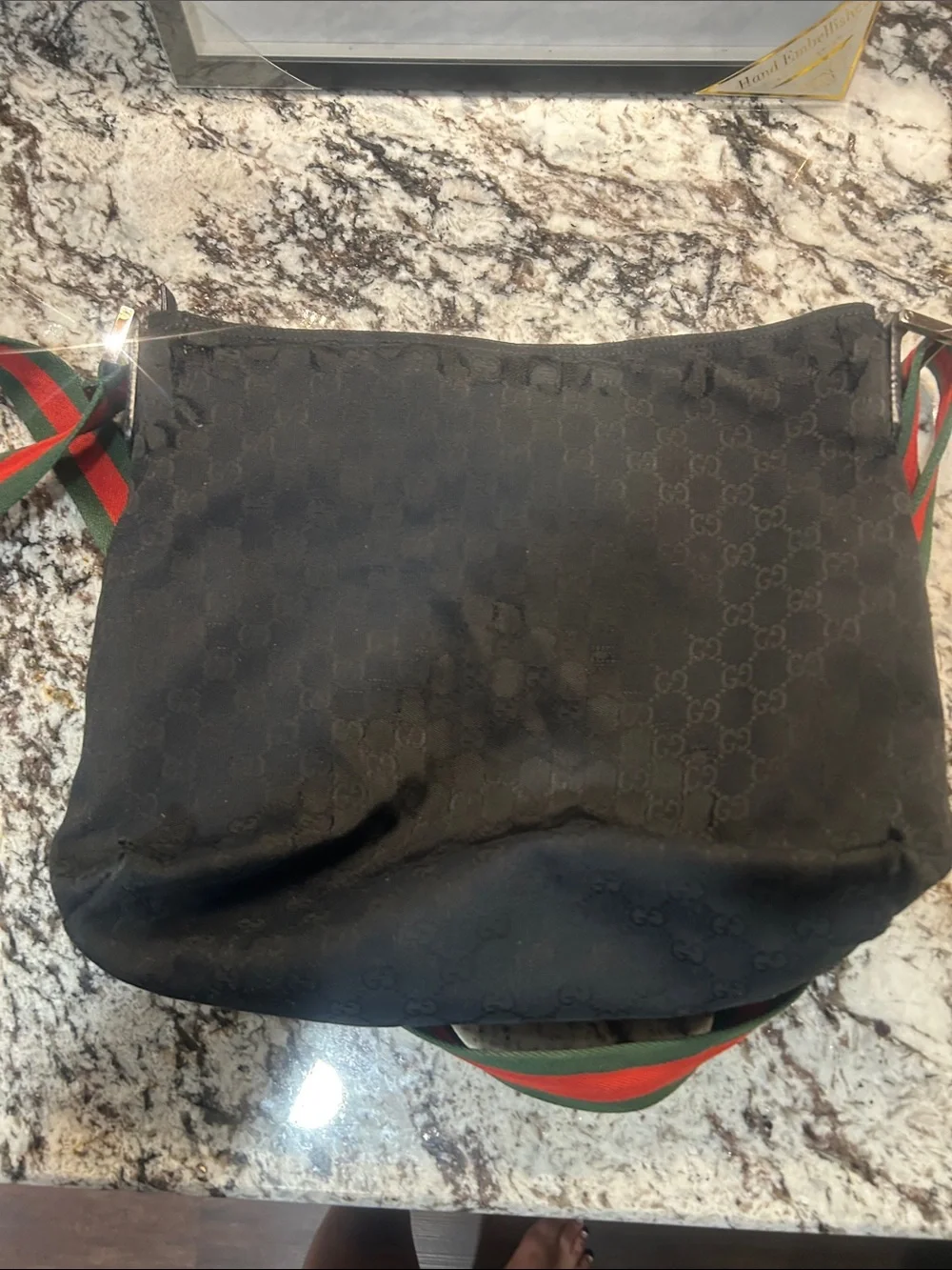 Gucci Black Monogram GG Messanger Bag with Red-Green Web Strap